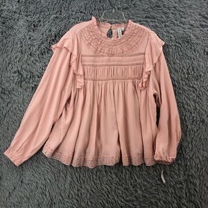 Grace & Karma Blouse Womens Size Large Pink Eyelet Lace Ruffle Long Sleeve NWT